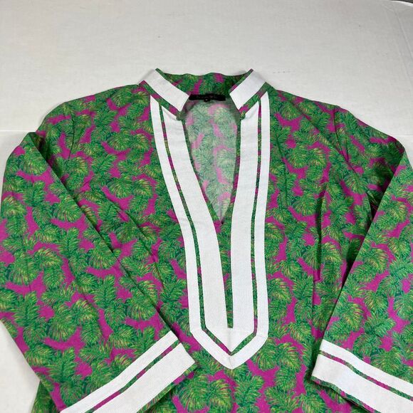 Lauren Gold Shift Dress 3/4 Sleeve Leaf Print V-Neck Preppy Resort Wear Size 2 - Picture 3 of 11